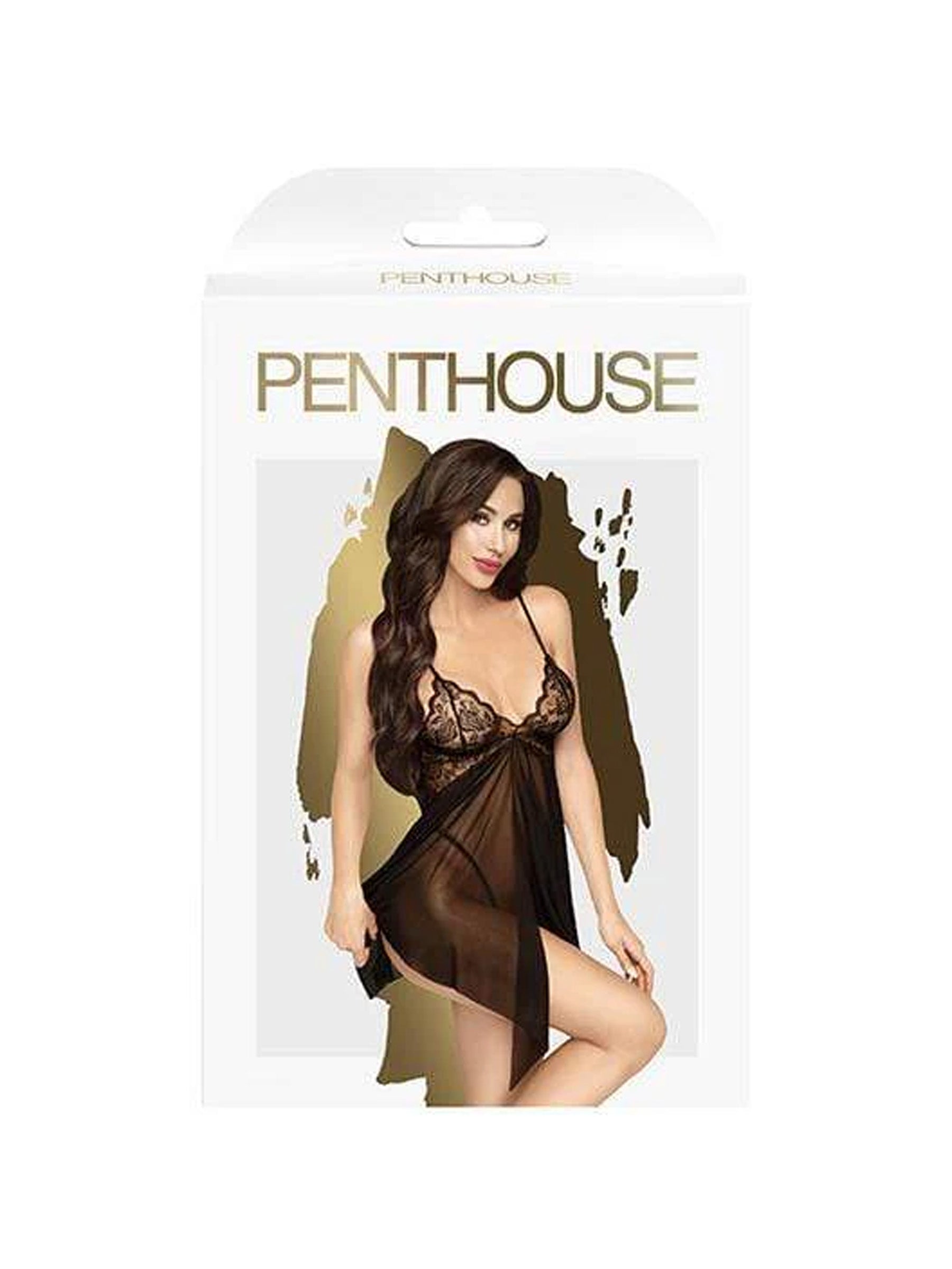 Penthouse Sweet Beast Babydoll Chemise And Thong in Sheer Black L/XL