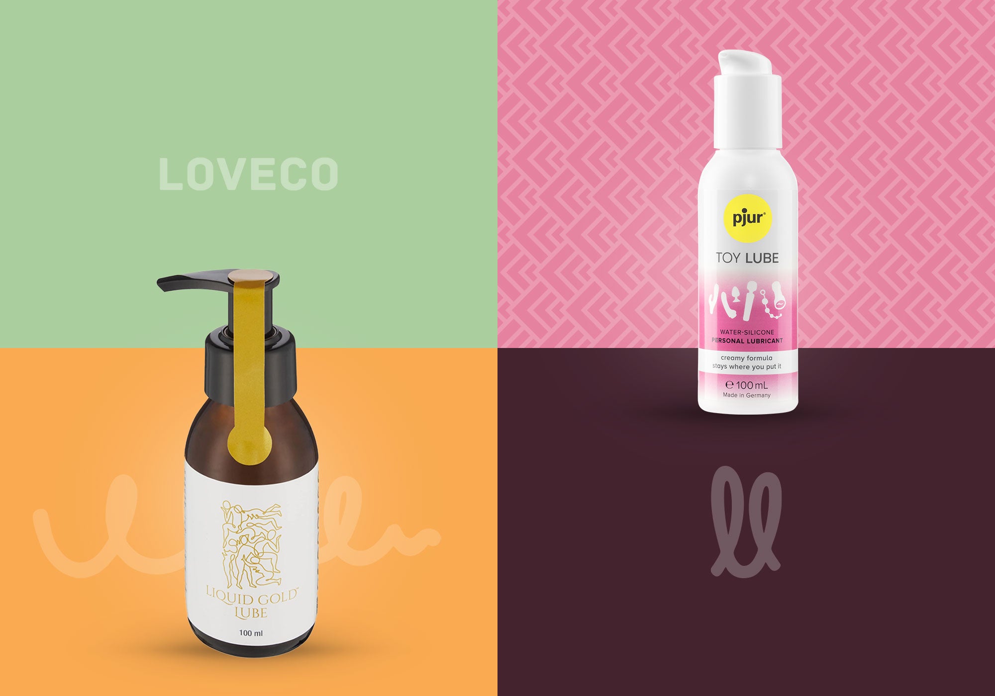 Two branded bottles of personal lubricant on a colorful LoveCo background