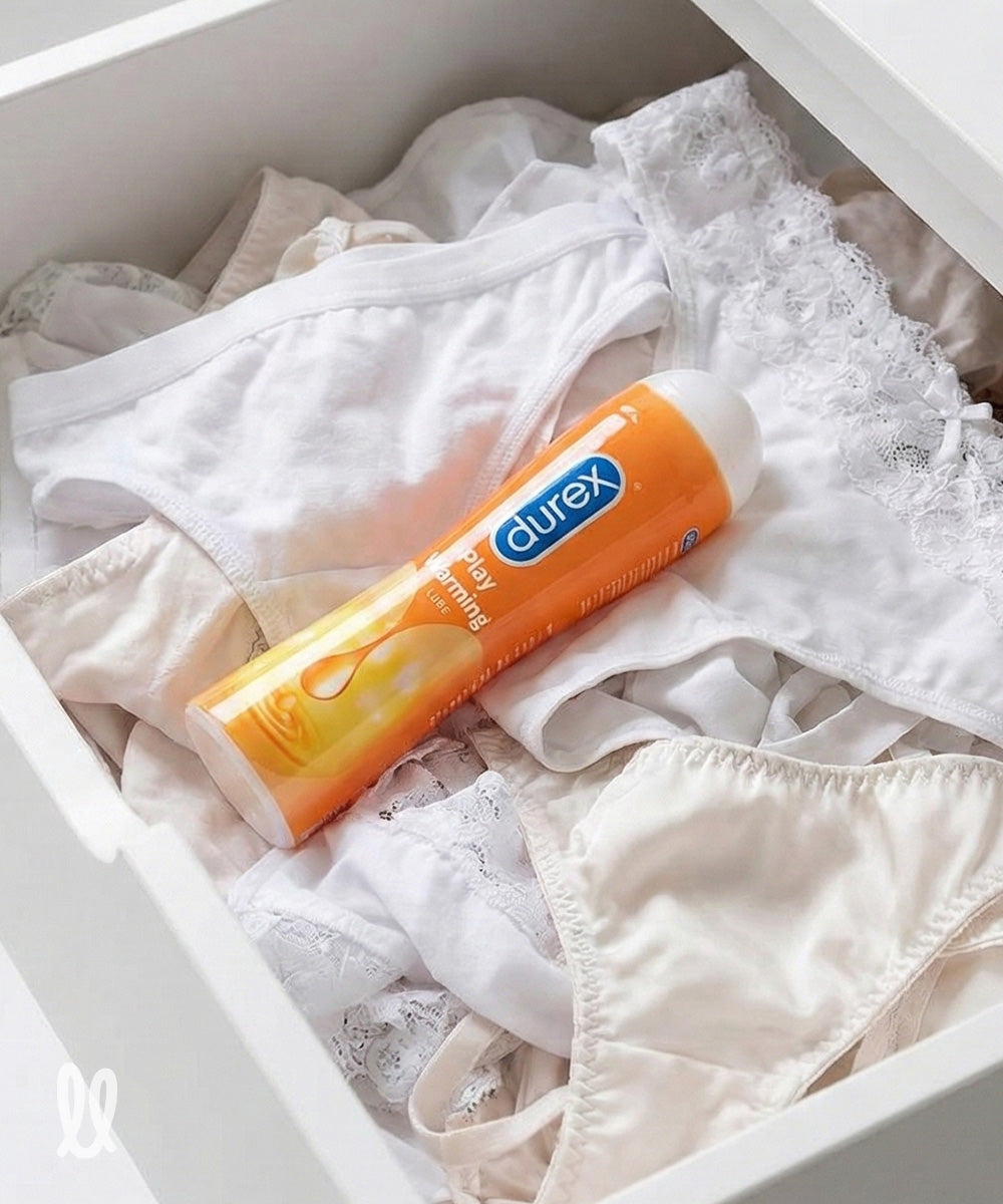 Durex play warming lubricant for couples in an undewear drawer