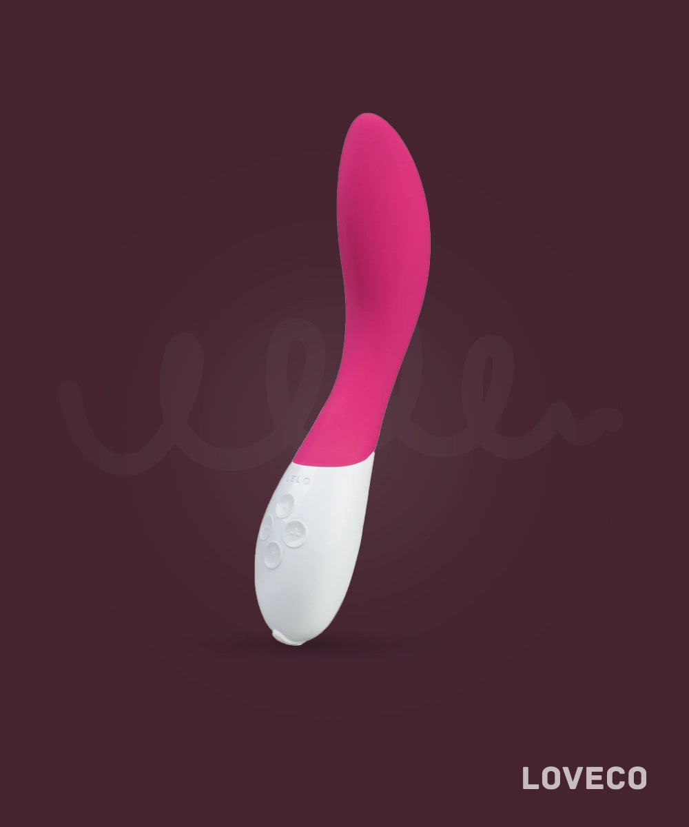Pink and white LELO g-spot vibrator with 'LOVECO' branding on a dark background