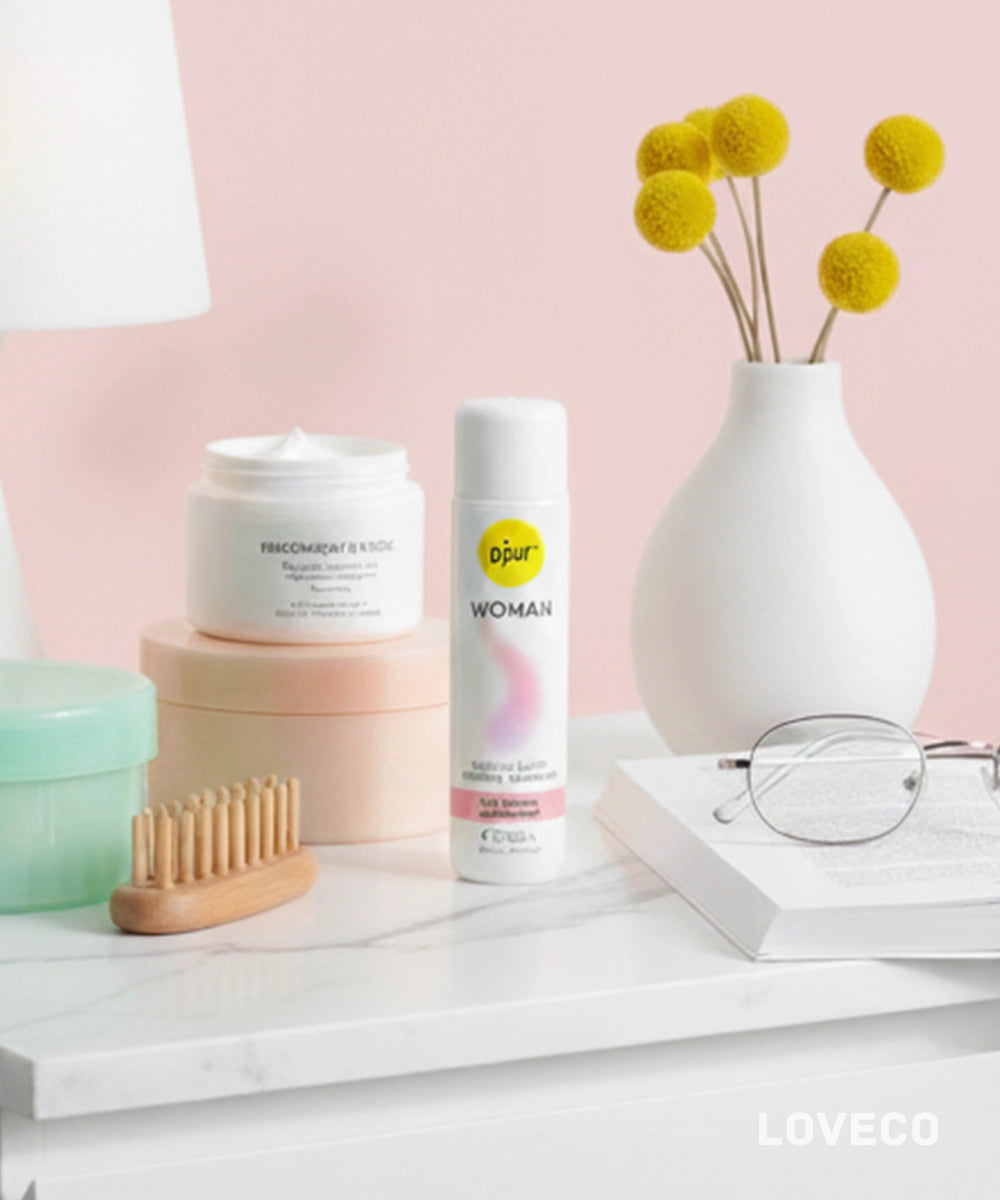 pjur silicone-based personal lubricant on a white surface with a pink background