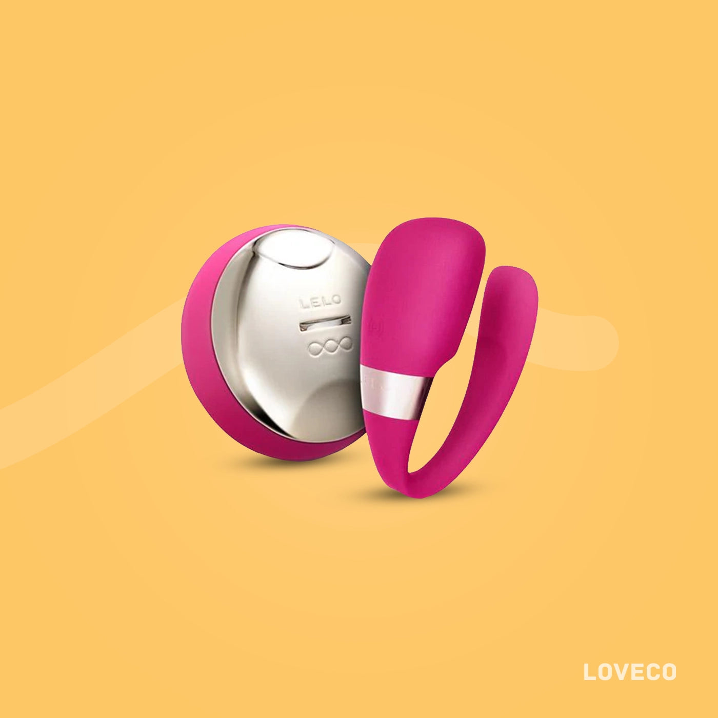 Pink and silver remote-controlled vibrator with 'LOVECO' branding on a yellow background