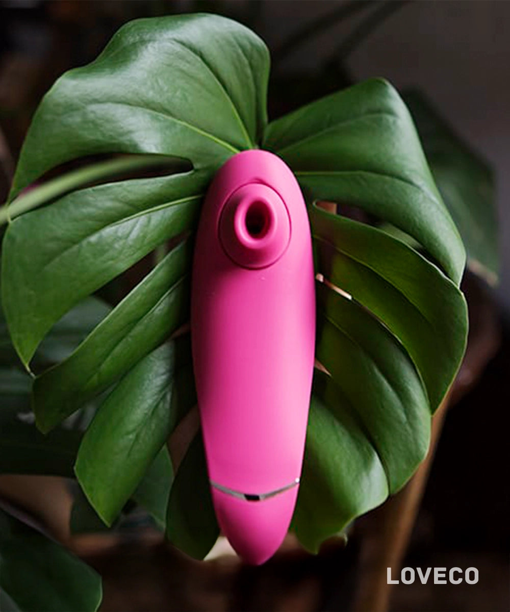 Pink clitoral stimulator for women held against a green leaf with 'LOVECO' branding.