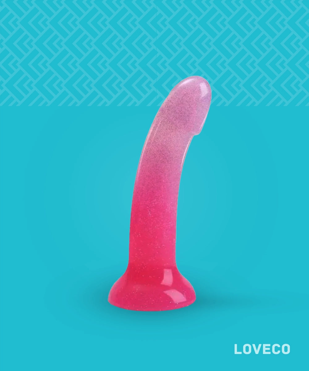 Pink silicone dildo on a blue background, featuring the brand 'LOVECO'.