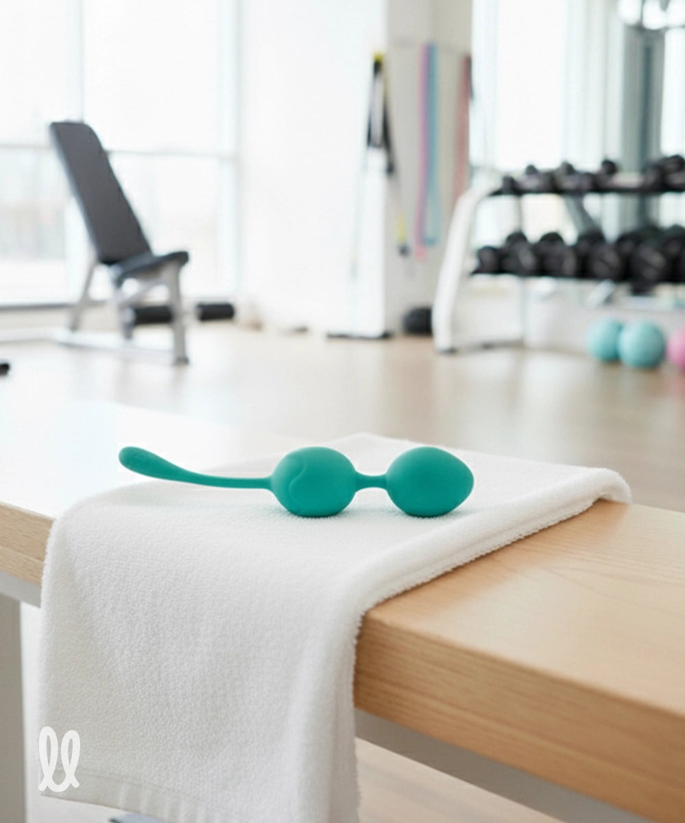 Turquoise kegel exercise balls a white towel in a gym setting