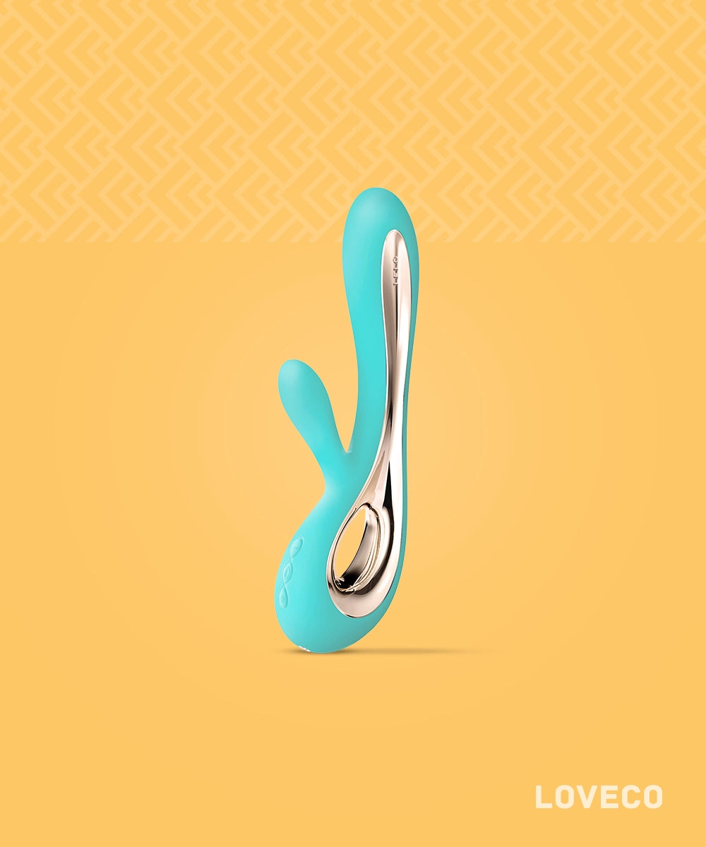 Turquoise and silver rabbit vibrator on a yellow background with 'LOVECO' branding.