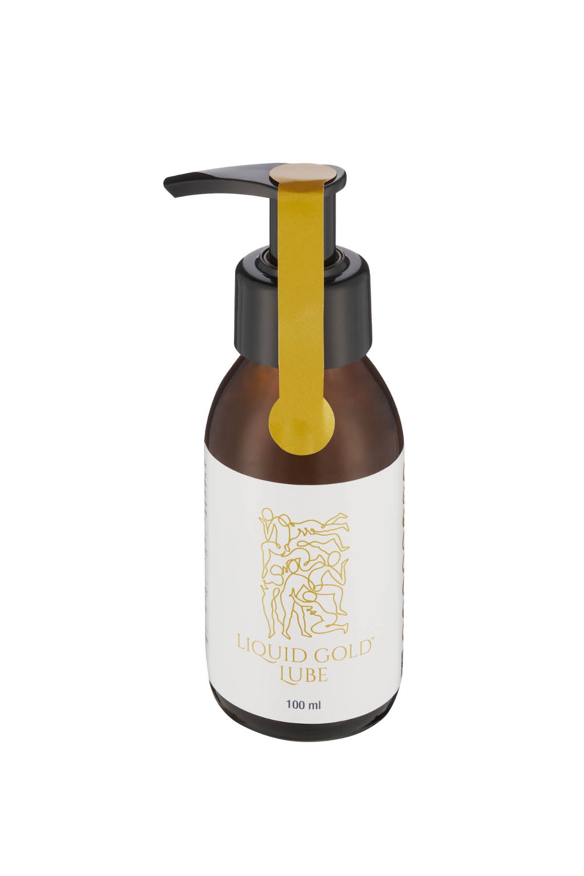 Bottle of 'Liquid Gold' water-based lubricant with pump on a white background